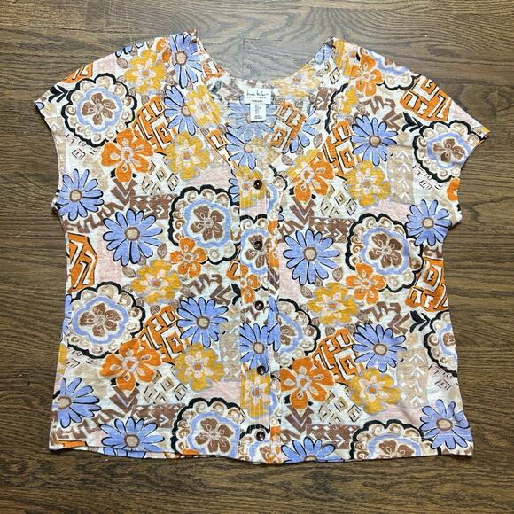 Nicole Miller Top Womens Large Blue Brown Linen Button Up Floral Lightweight - Picture 1 of 8
